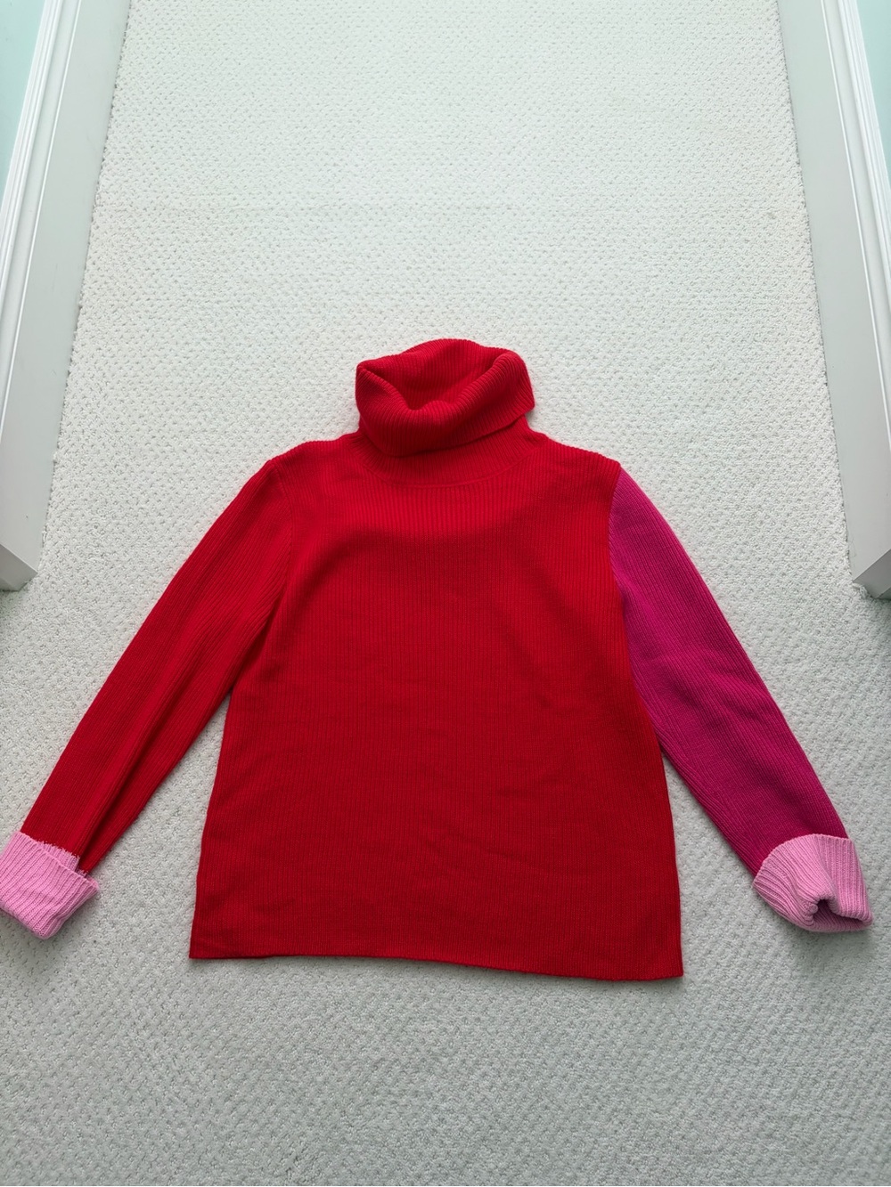 TCEC Colorblock Cowl Neck Sweater in Red with Pink Sleeves